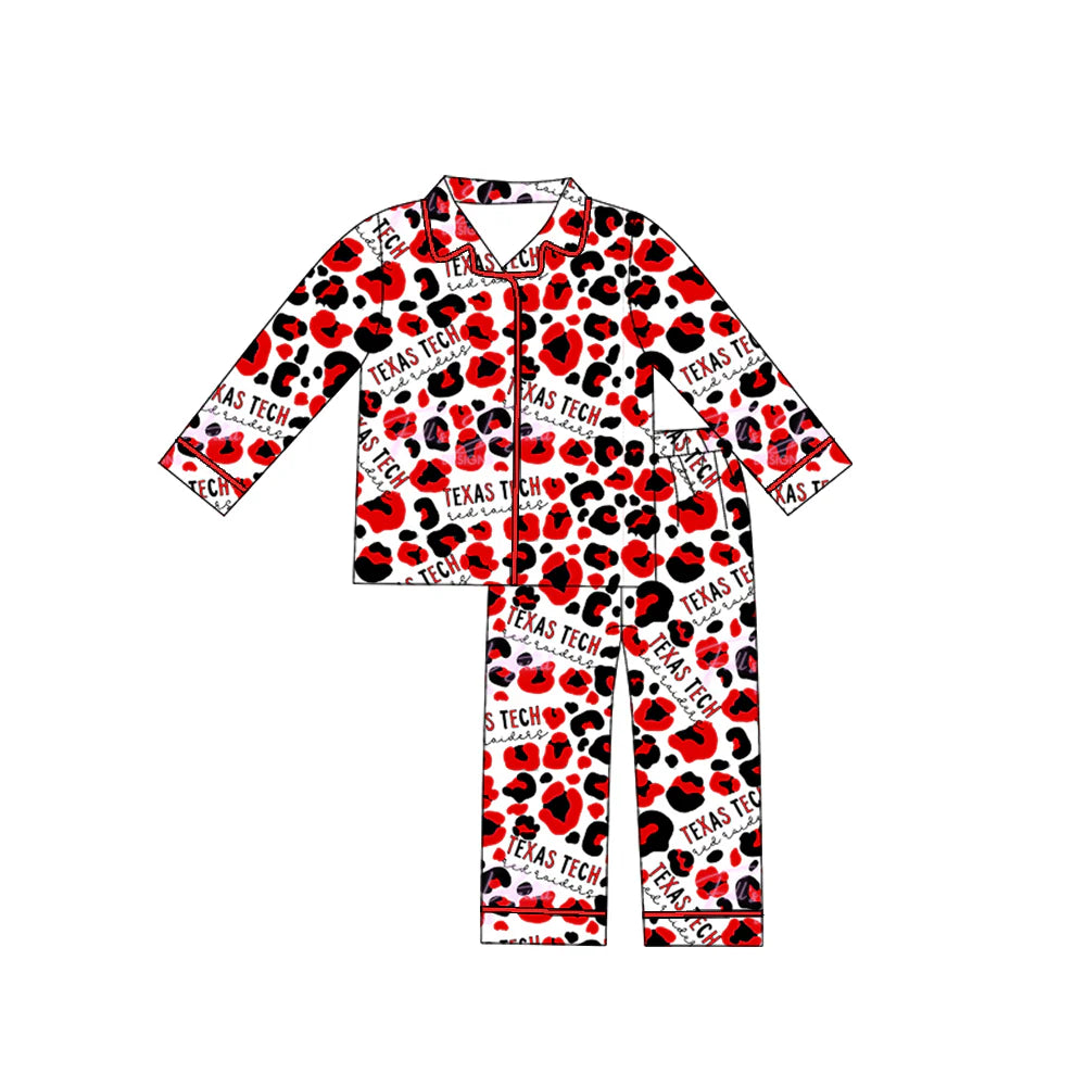 X902Preorder moq 5 Baby Boys Texas Tech Team Buttons Red Leopard Top Pants Pajamas Clothes Sets
