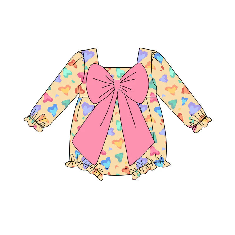 X920 Preorder (moq 5)Baby Girls Colorful Hearts Leopard Bows Valentine Ruffle Rompers