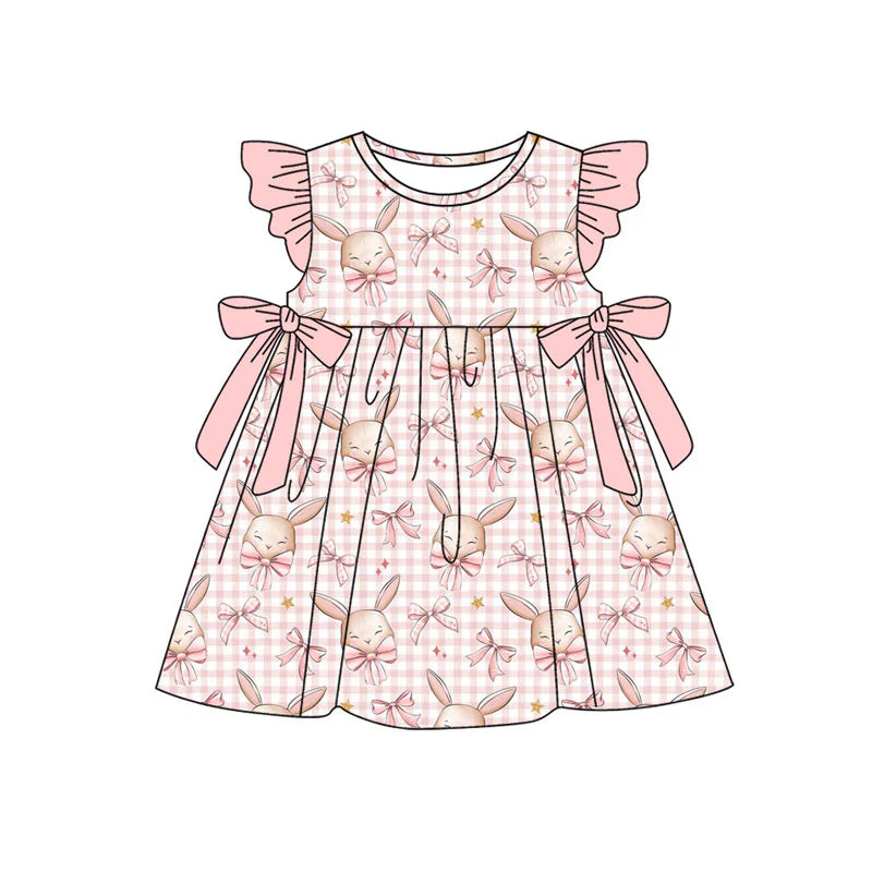 X11.17Preorder(moq 5) Baby Girls Pink Flutter Sleeve Bows Rabbits Checked Easter Knee Length Dresses