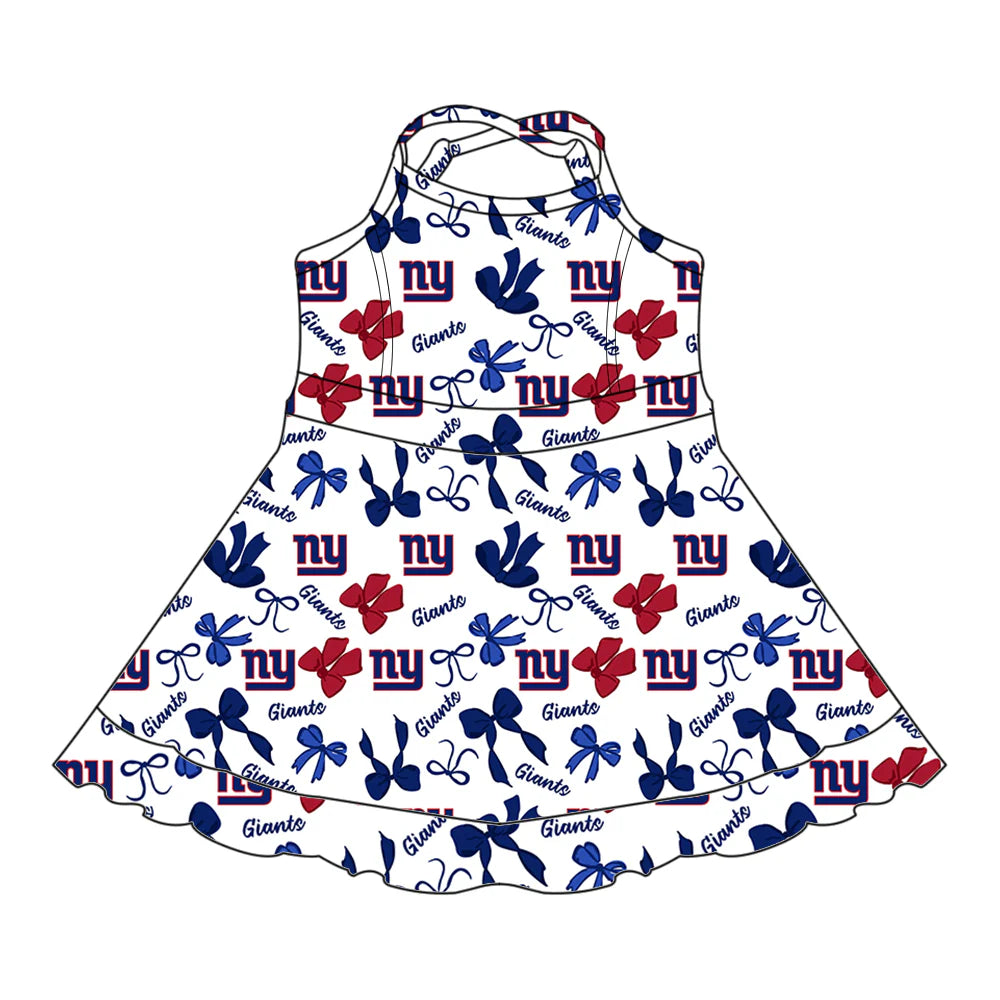 6.30Preorder (moq 5)Baby Girls Strap Bows Plaid NY Giants Short Ruffle Team Knee Length Dresses
