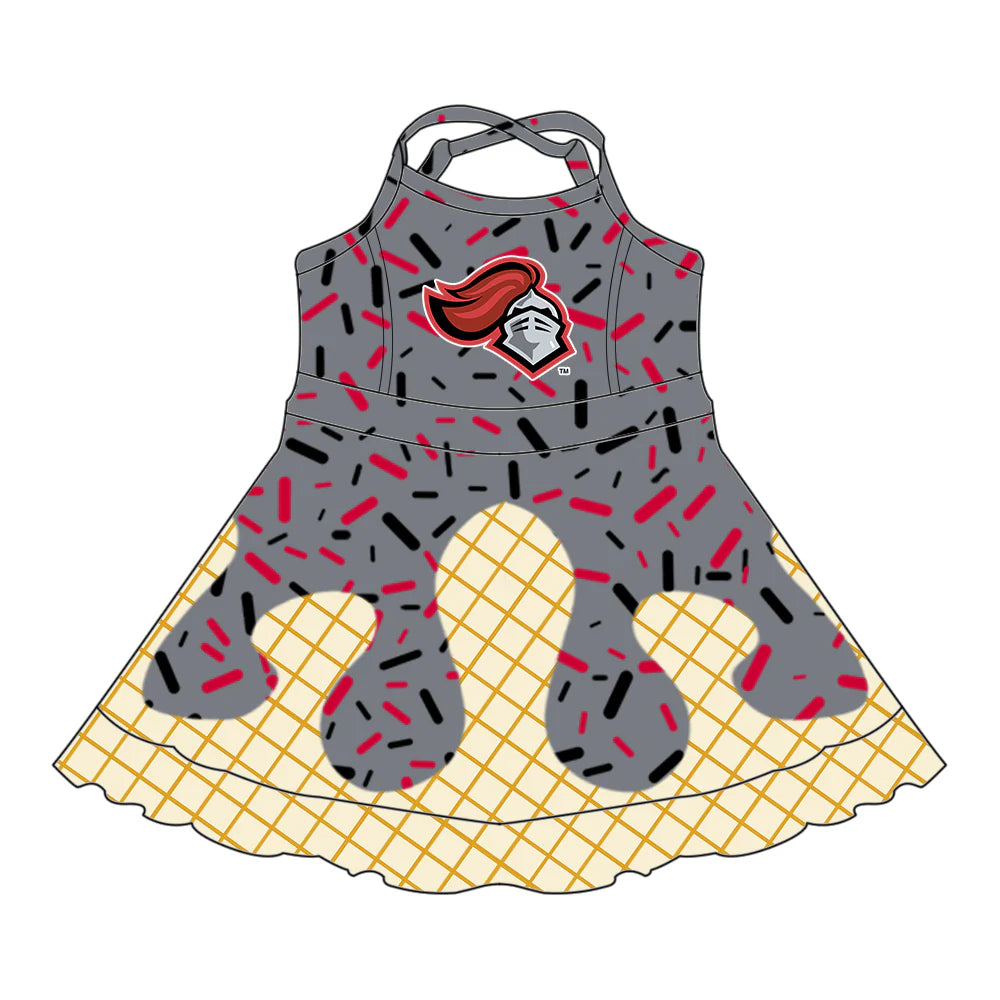 7.2Preorder (moq 5)Baby Girls Gray Strap Spartan Drip Shorts Ruffle Team Knee Length Dress