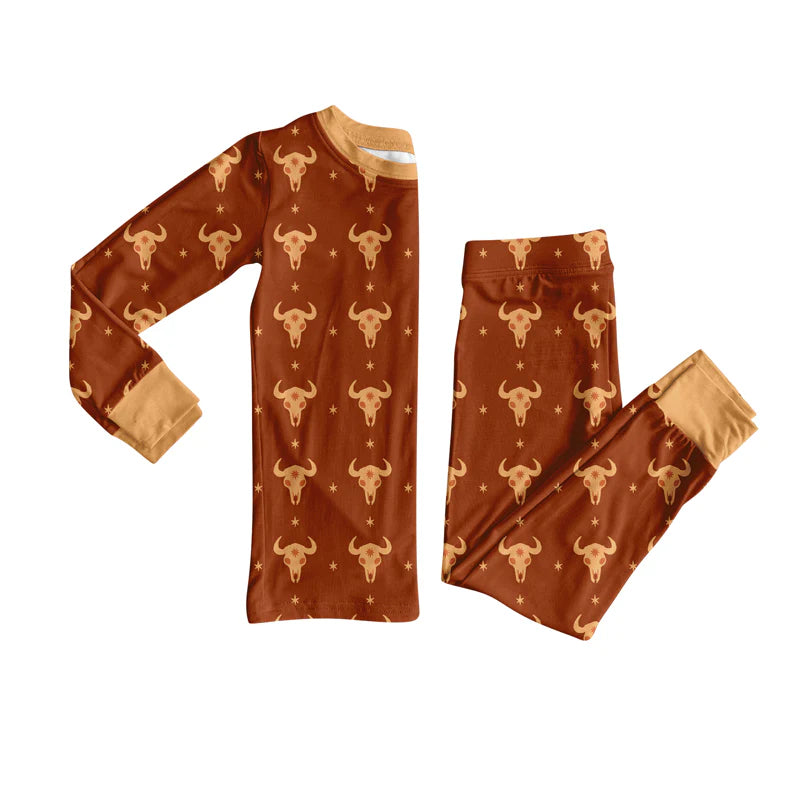 8.8Preorder(moq 5) Baby Boys Bull Skull Stars Plaid Top Pants Western Pajamas Set