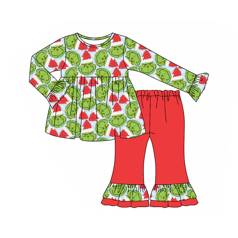 8.8Preorder(moq 5) Baby Girls Green Face Plaid Tunic Ruffle Pants Christmas Set