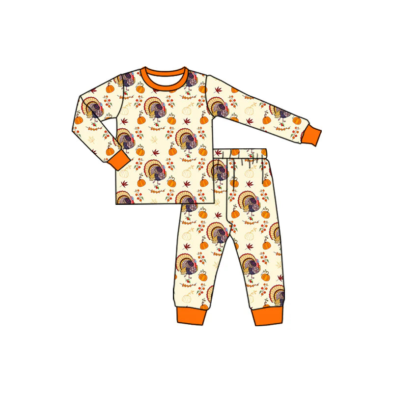7.12Preorder (moq 5)Baby Boys Long Sleeves Turkey Pumpkins Plaid Top Pant Pajamas Set