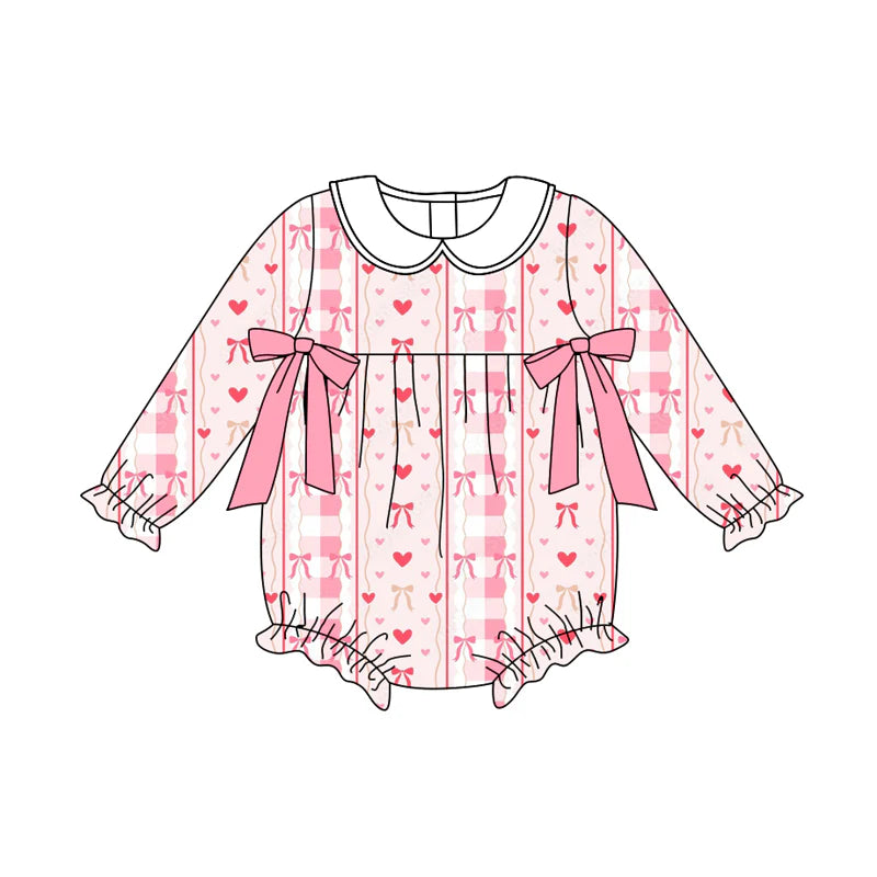 7.19Preorder(moq 5)Baby Girls Pink Hearts Bows Stripe Ruffle Rompers