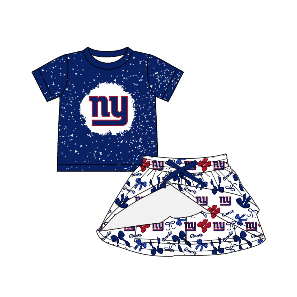 6.30Preorder (moq 5)Baby Girls Hot Blue Short Sleeves NY Giants Top Bows Plaid Skorts Team Set