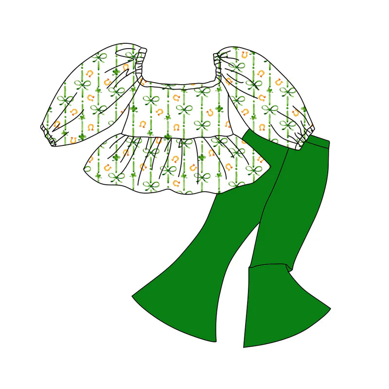 X12.16 Preorder (moq 5)Baby Girls Clovers Bows Ruffle Tunic Bell Bottom Pants St Patrick Clothes Sets