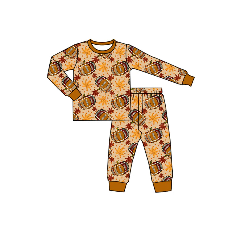7.16Preorder (moq 5)Baby Boys Long Sleeves Football Pumpkins Leaves Top Pant Pajamas Set