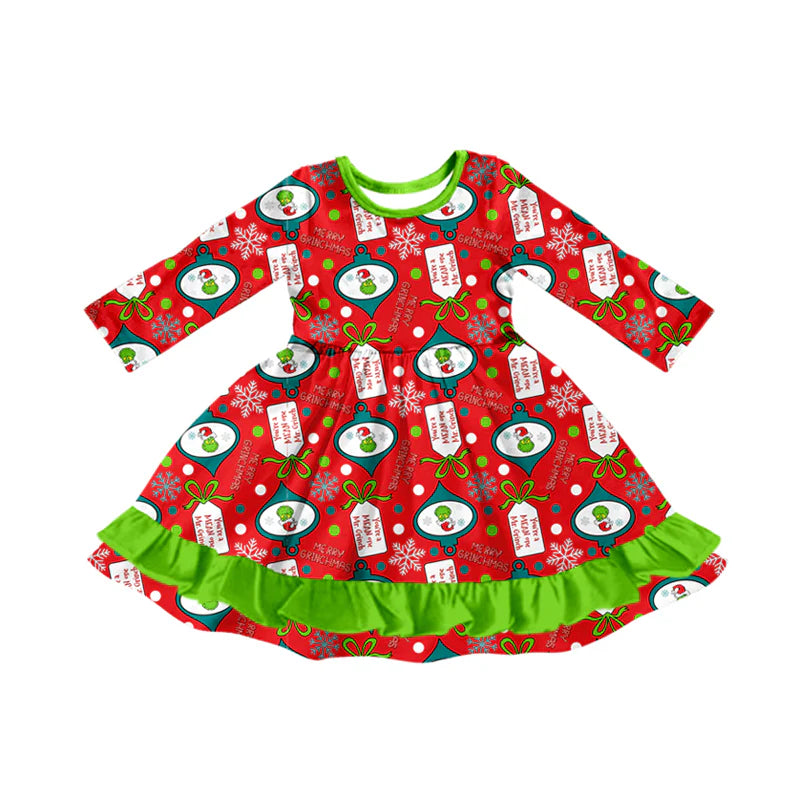 X917Preorder (moq 5)Baby Girls Long Sleeves Cartoon Faces Plaid Ruffle Knee Length Dresses