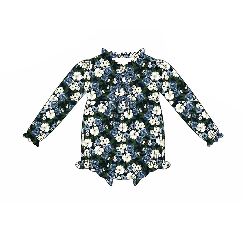 8.6Preorder(moq 5)Baby Infant Girls Navy Flowers Button Ruffle Rompers