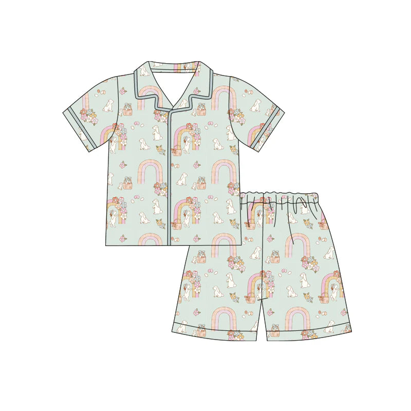 X12.18 Preorder (moq 5)Baby Girls Eggs Rabbits Flowers Button Top Shorts Easter Pajamas Sets