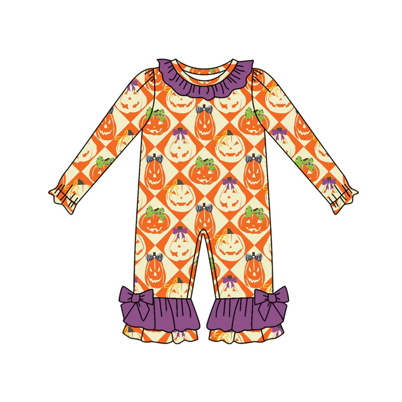 8.9Preorder(moq 5)Baby Infant Girls Ghost Pumpkins Plaid Ruffle Pant Halloween Rompers