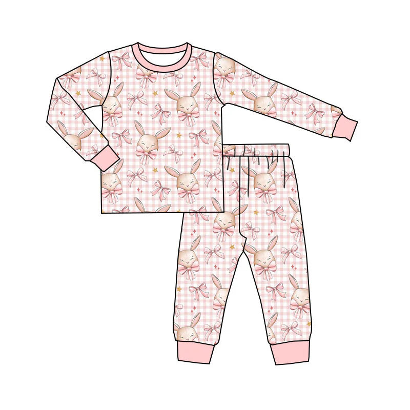 X11.17 Preorder(moq 5) Baby Girls Pink Bows Rabbits Checked Top Pants Easter Pajamas Sets