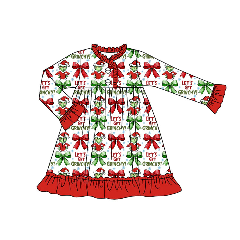 8.11Preorder (moq 5)Baby Girls Christmas Let's Go Frog Ruffle Gown Knee Length Dresses