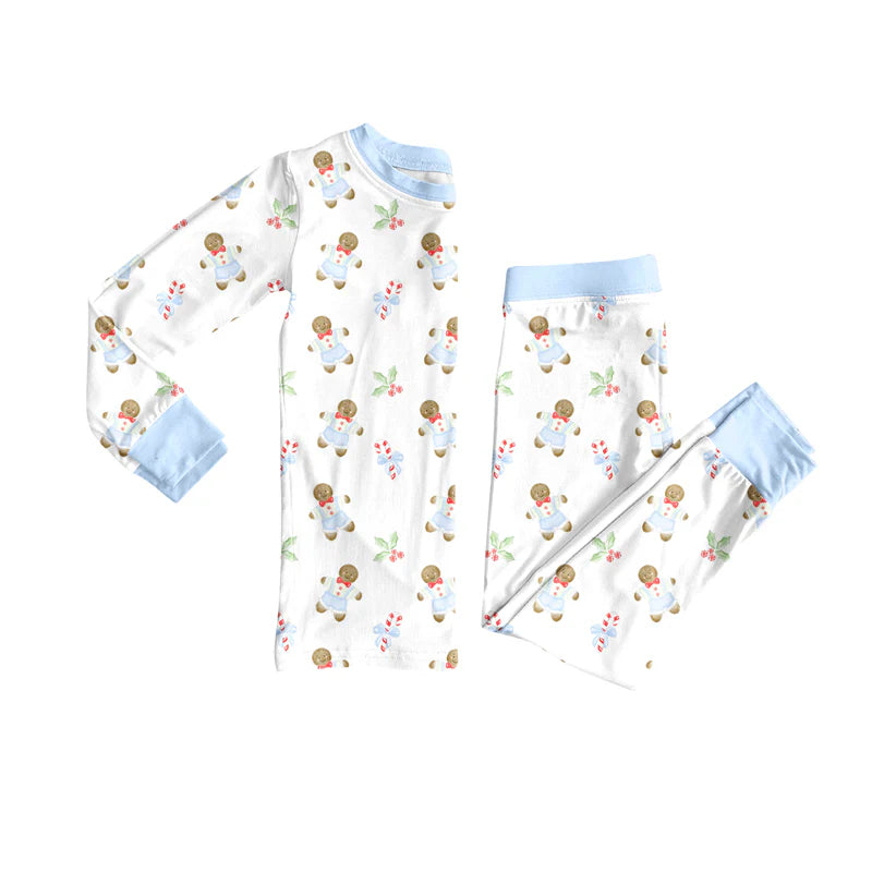 7.31preorder(moq 5) Baby Boys Long Sleeves Blue Gingerbread Holly Top Pants Pajamas Set