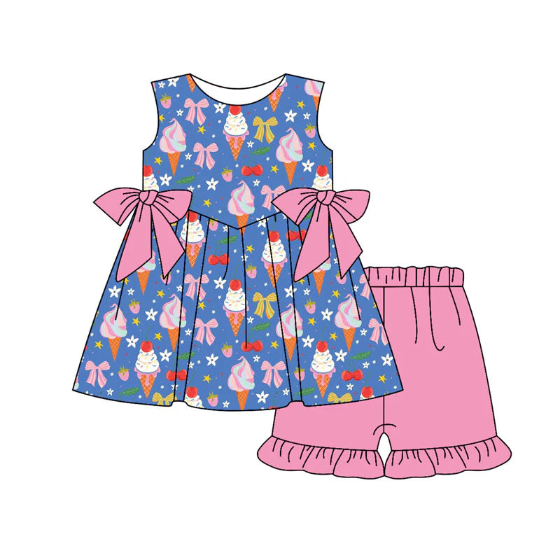 X11.14Preorder(moq 5) Baby Girls Ice Cream Flowers Bows Tunic Ruffle Shorts Clothes Sets