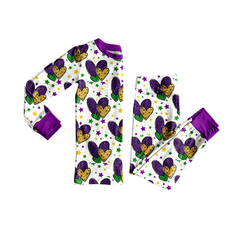 X925Preorder (moq 5)Baby Girls Purple Yellow Green Hearts Top Pants Mardigras Pajamas Sets
