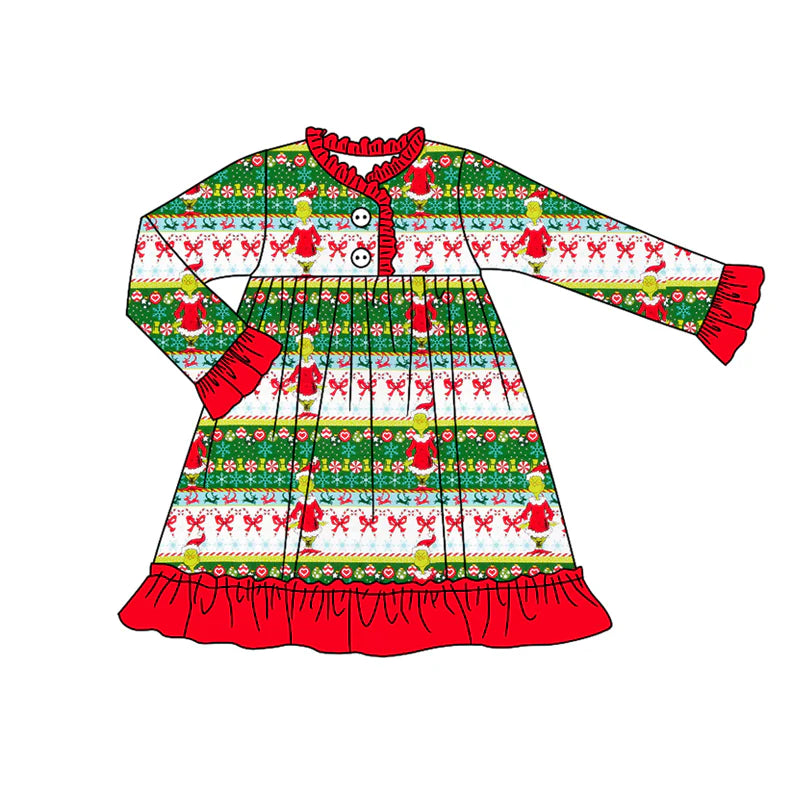 X917Preorder (moq 5)Baby Girls Long Ruffle Sleeves Cartoon Faces Stripes Button Knee Length Dress