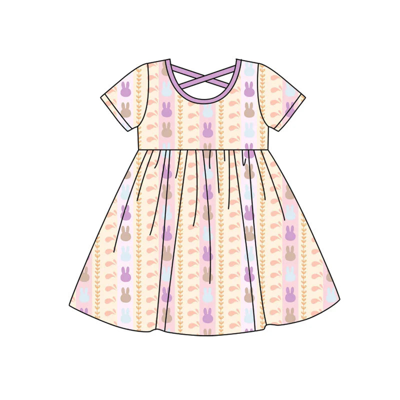 X922Preorder (moq 5)Baby Girls Rabbits Stripe Easter Knee Length Dresses