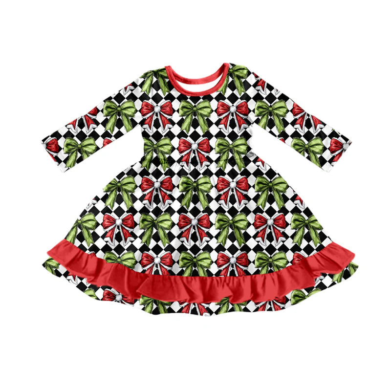 7.31Preorder(moq 5) Baby Girls Long Sleeves Green Red Bows Plaid Ruffle Knee Length Dresses