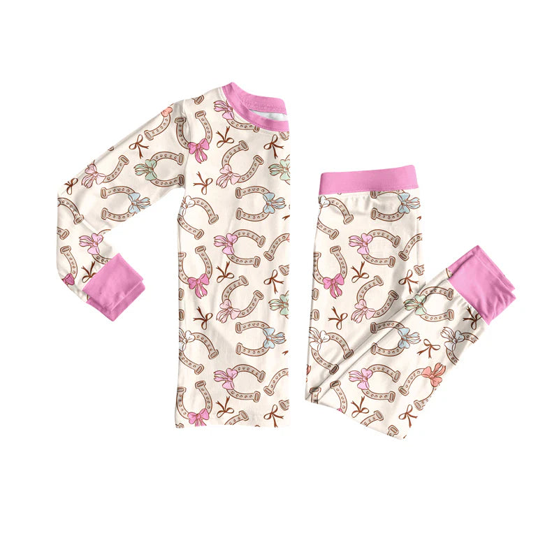 7.9Preorder (moq 5)Baby Girls Long Sleeves Bows Horse Shoes Top Pant Pajamas Clothes Set