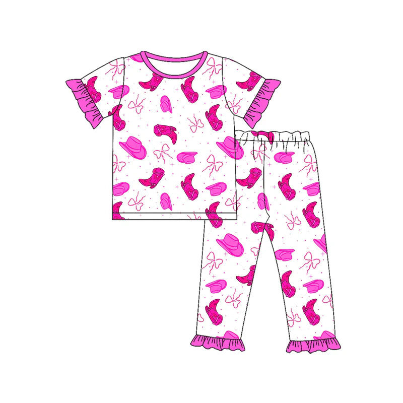 X1.15 Preorder (moq 5)Baby Girls Hot Pink Boot Hat Bows Top Ruffle Pants Western Pajamas Sets