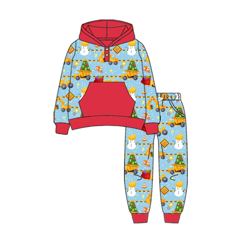 7.30Preorder(moq 5) Baby Boys Long Sleeves Excavators Pockets Button Hoodies Pants Set