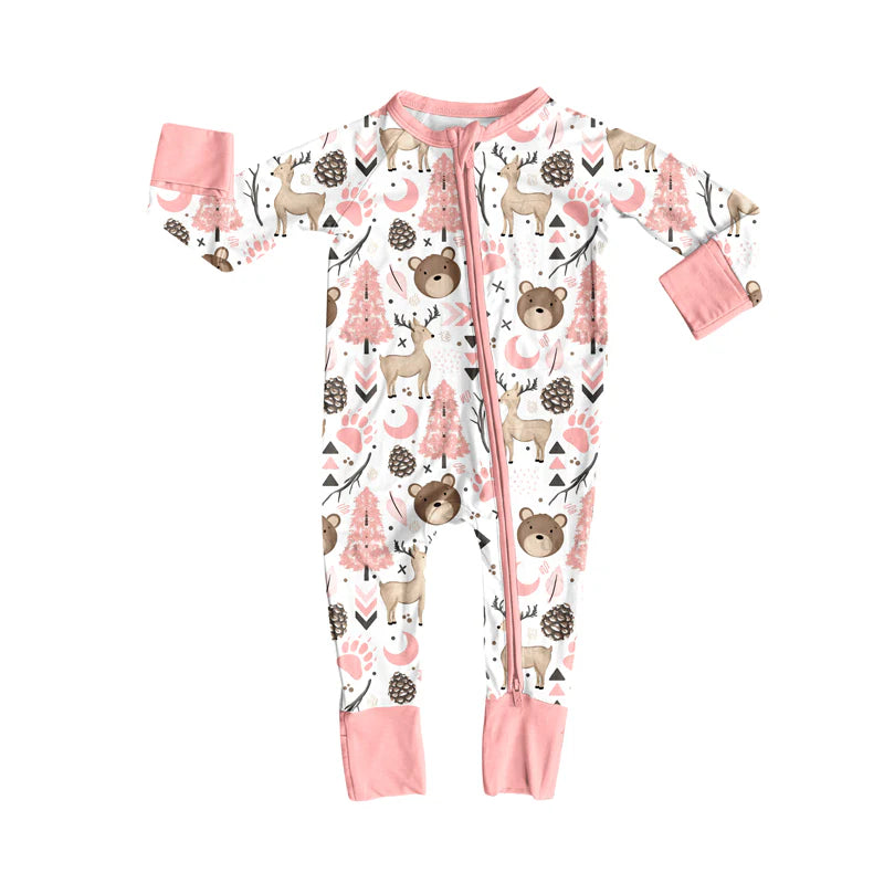8.12Preorder(moq 5)Baby Girls Pink Animals Zipper Footie Rompers