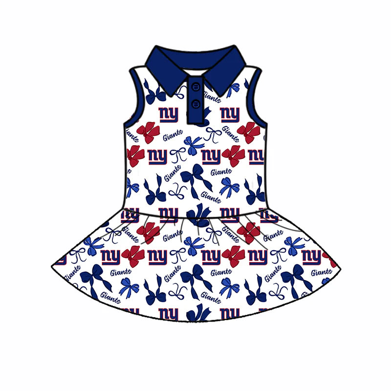 6.30Preorder (moq 5)Baby Girls Sleeveless Bows Plaid NY Giants Button Team Knee Length Dresses