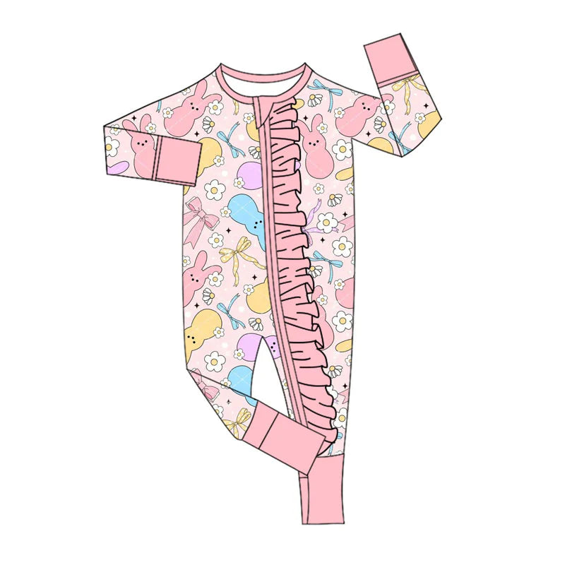 X922Preorder (moq 5)Baby Girls Colorful Flowers Rabbits Easter Ruffle Zipper Footie Rompers