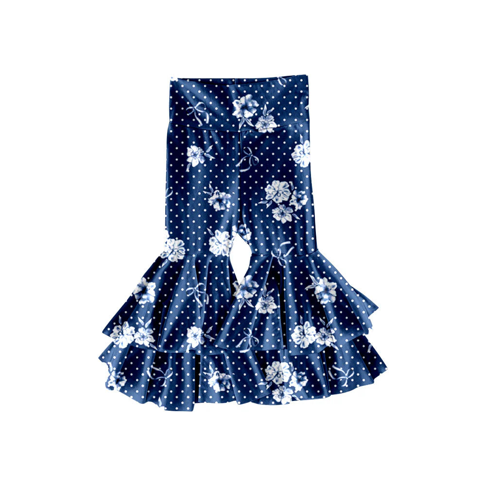 X11.20Preorder(moq 5) Baby Girls Navy Polka Dots Flowers Ruffle Bell Bottom Pants