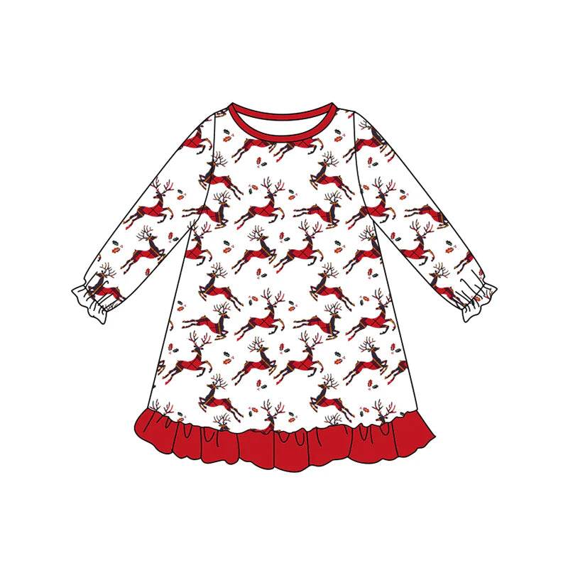 7.11Preorder (moq 5)Baby Girls Long Sleeves Red Deer Holly Plaid Ruffle Knee Length Dresses