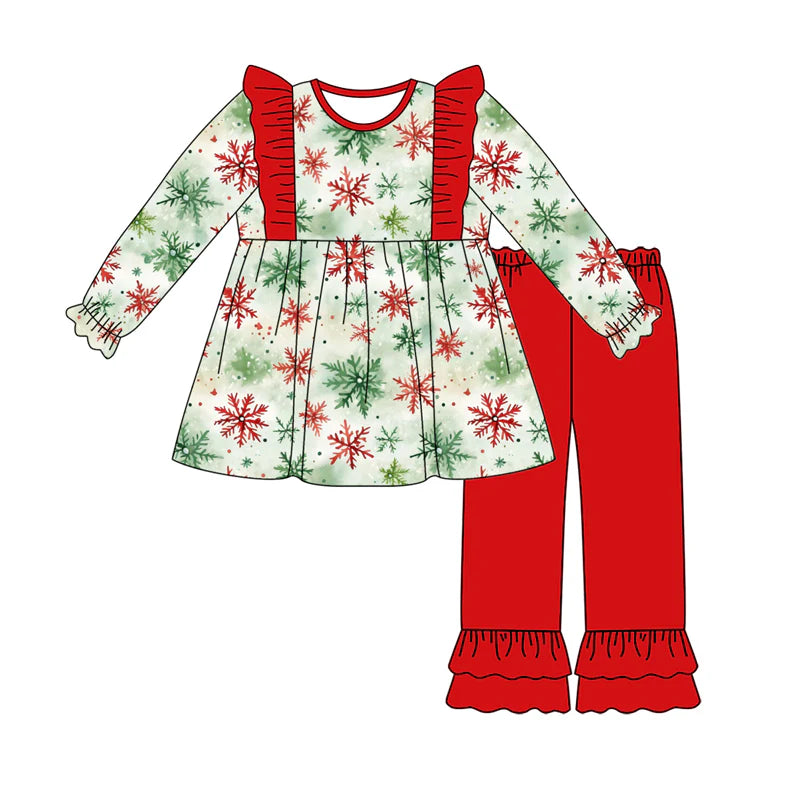 7.19Preorder (moq 5)Baby Girls Long Sleeves Green Red Snowflake Tunic Ruffle Pants Set
