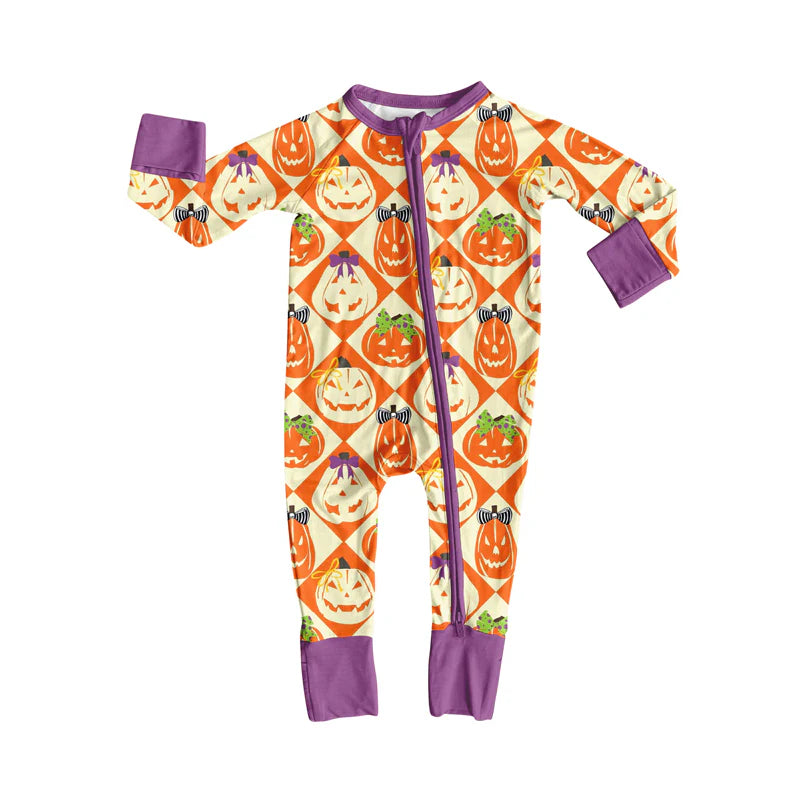 8.9Preorder(moq 5)Baby Infant Boys Ghost Pumpkins Plaid Halloween Zipper Rompers
