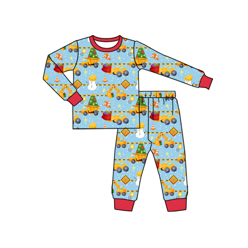7.30Preorder(moq 5) Baby Boys Long Sleeves Excavators Plaid Top Pants Pajamas Set