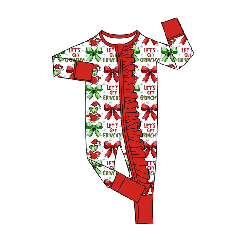 8.11Preorder(moq 5)Baby Girls Christmas Let's Go Frog Zipper Footie Rompers