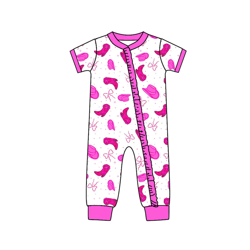 X1.15 Preorder (moq 5)Baby Girls Hot Pink Boot Hat Bows Western Two Way Ruffle Zip Convertible Rompers