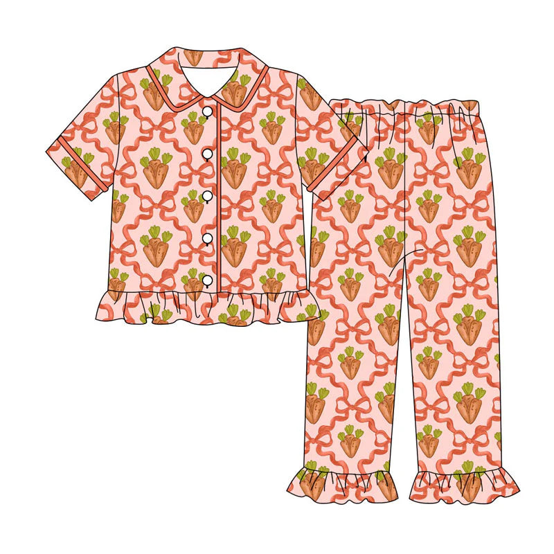 X919Preorder (moq 5)Baby Girls Bows Carrots Checked Button Top Ruffle Pants Easter Pajamas Sets