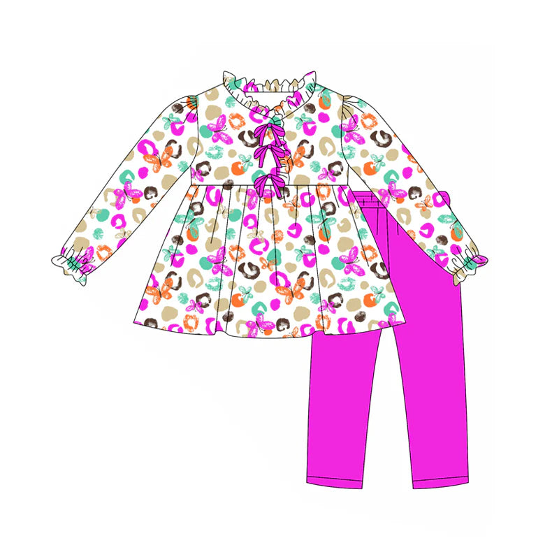 8.12Preorder(moq 5) Baby Girls Purple Leopard Butterfly Tunic Top Legging Boutique Outfits Sets