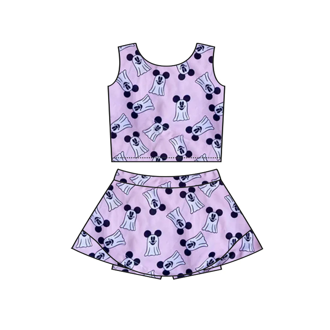 7.22Preorder (moq 5)Baby Girls Sleeveless Cartoon Mouses Ghost Vest Top Skorts Set