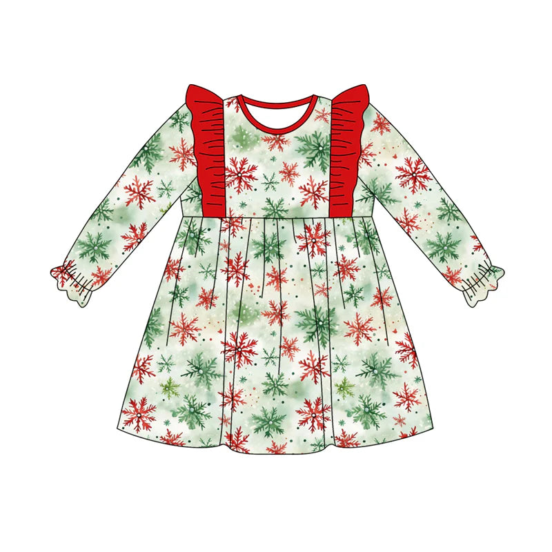 7.21Preorder (moq 5)Baby Girls Long Ruffle Sleeves Green Red Snowflake Plaid Knee Length Dress