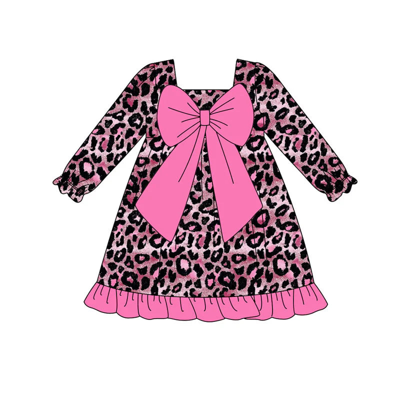 X920 Preorder (moq 5)Baby Girls Pink Black Leopard Bows Ruffle Knee Length Dresses