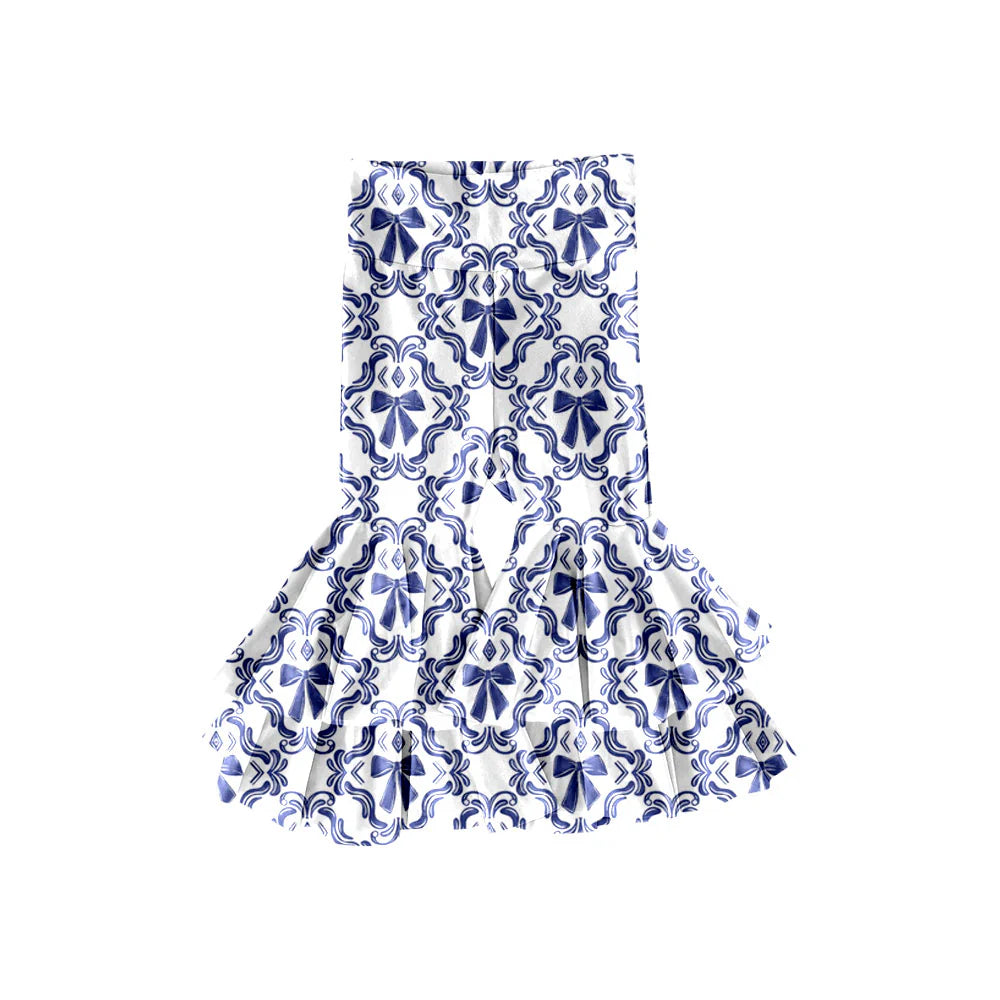 X11.19Preorder(moq 5) Baby Girls Navy Bows Checked Ruffle Bell Bottom Pants