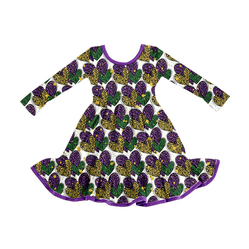 X925Preorder (moq 5)Baby Girls Leopard Hearts Mardigras Ruffle Knee Length Dresses