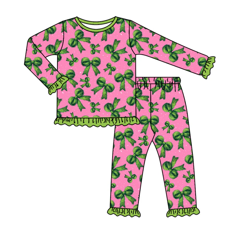 7.31Preorder(moq 5) Baby Girls Long Ruffle Sleeves Green Bows Plaid Top Pants Pajamas Set