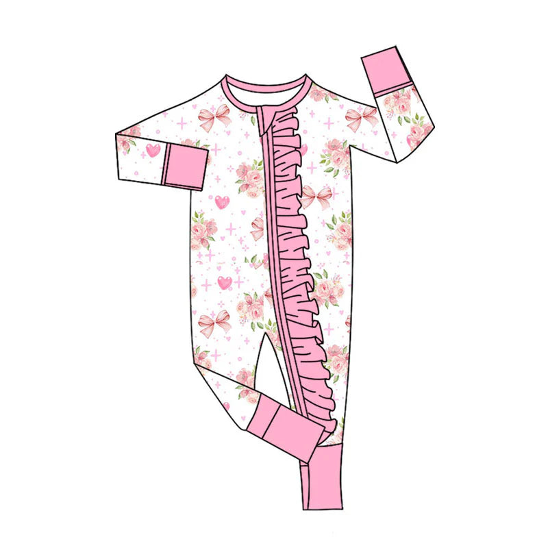 X11.12Preorder (moq 5)Baby Girls Pink Flowers Hearts Valentines Two Way Ruffle Zip Convertible Rompers