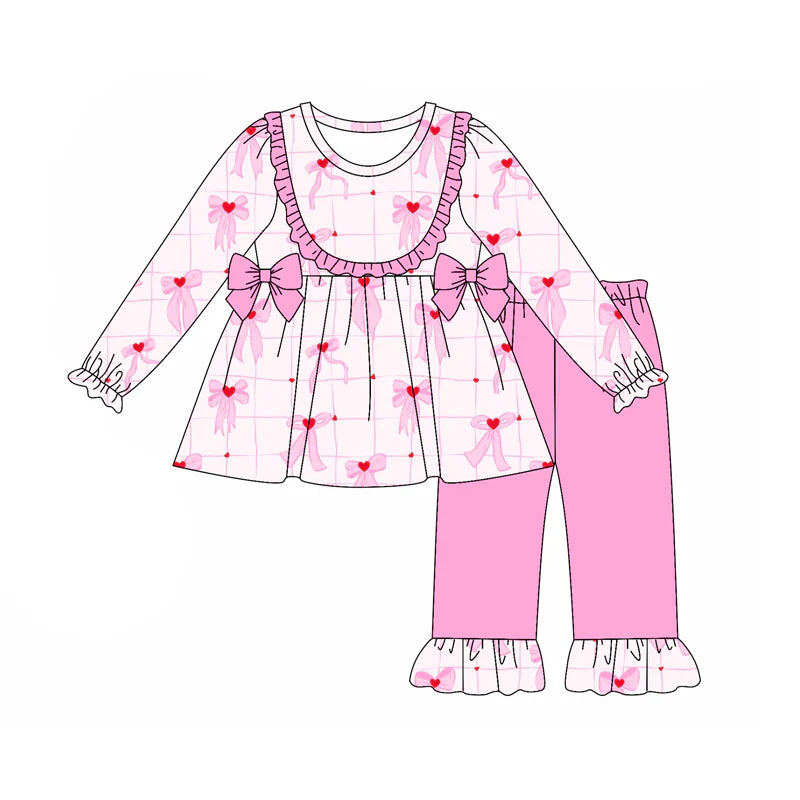 7.19Preorder (moq 5)Baby Girls Long Sleeves Pink Bows Hearts Plaid Tunic Ruffle Pants Set