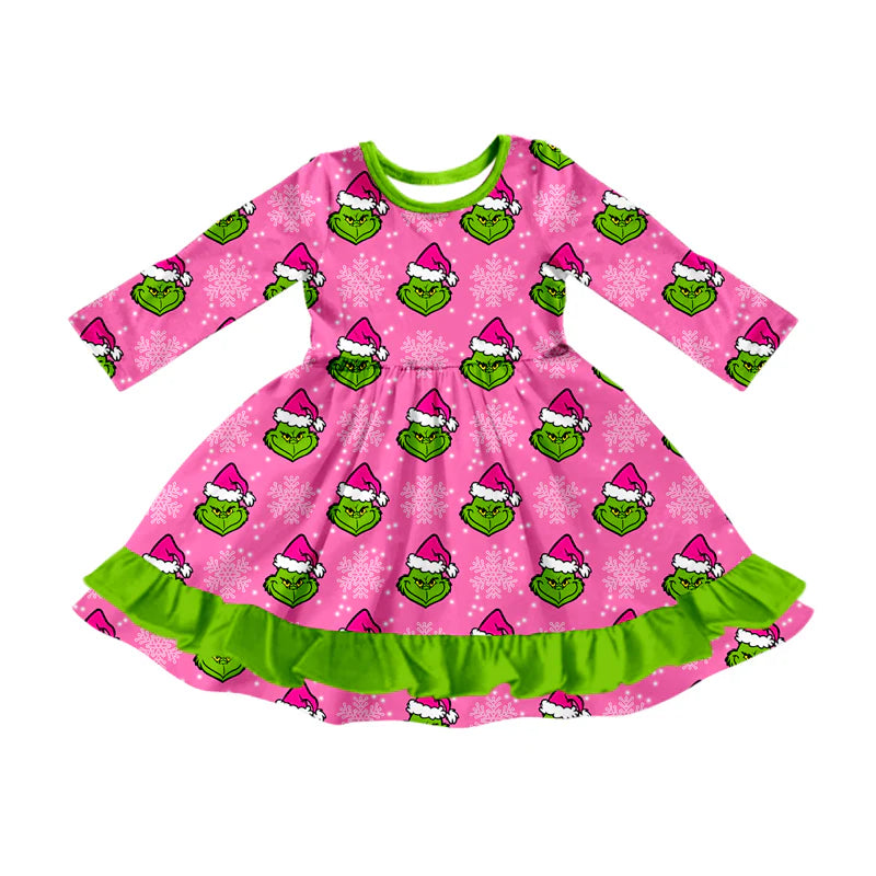 8.2Preorder (moq 5)Baby Girls Christmas Hats Green Face Snowflake Ruffle Knee Length Dresses