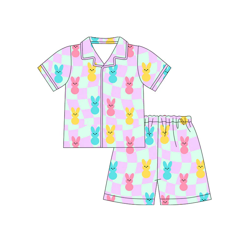 X12.18 Preorder (moq 5)Baby Girls Colorful Rabbits Checked Button Top Shorts Easter Pajamas Sets