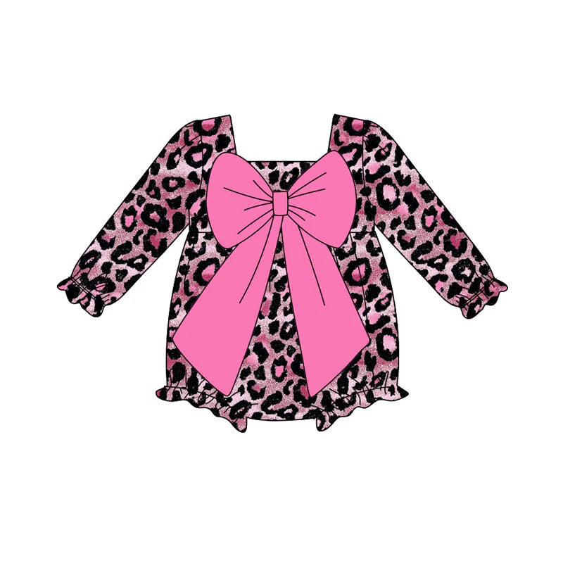 X920 Preorder (moq 5)Baby Girls Pink Black Leopard Bows Ruffle Rompers